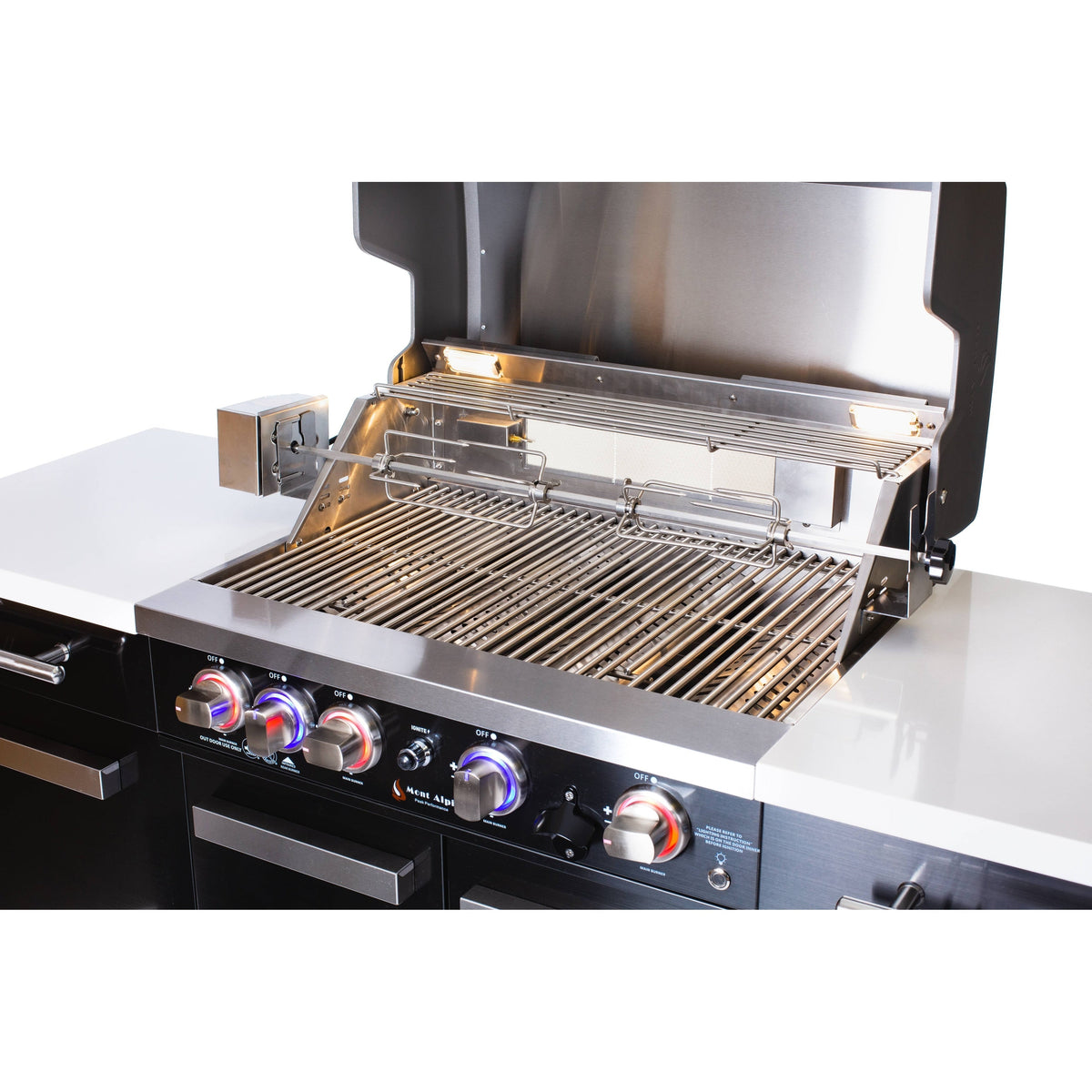 Îlot de cuisine extérieure Premium 70" en acier inoxydable noir avec réfrigérateur + barbecue 32"W 4 brûleurs avec brûleur arrière
