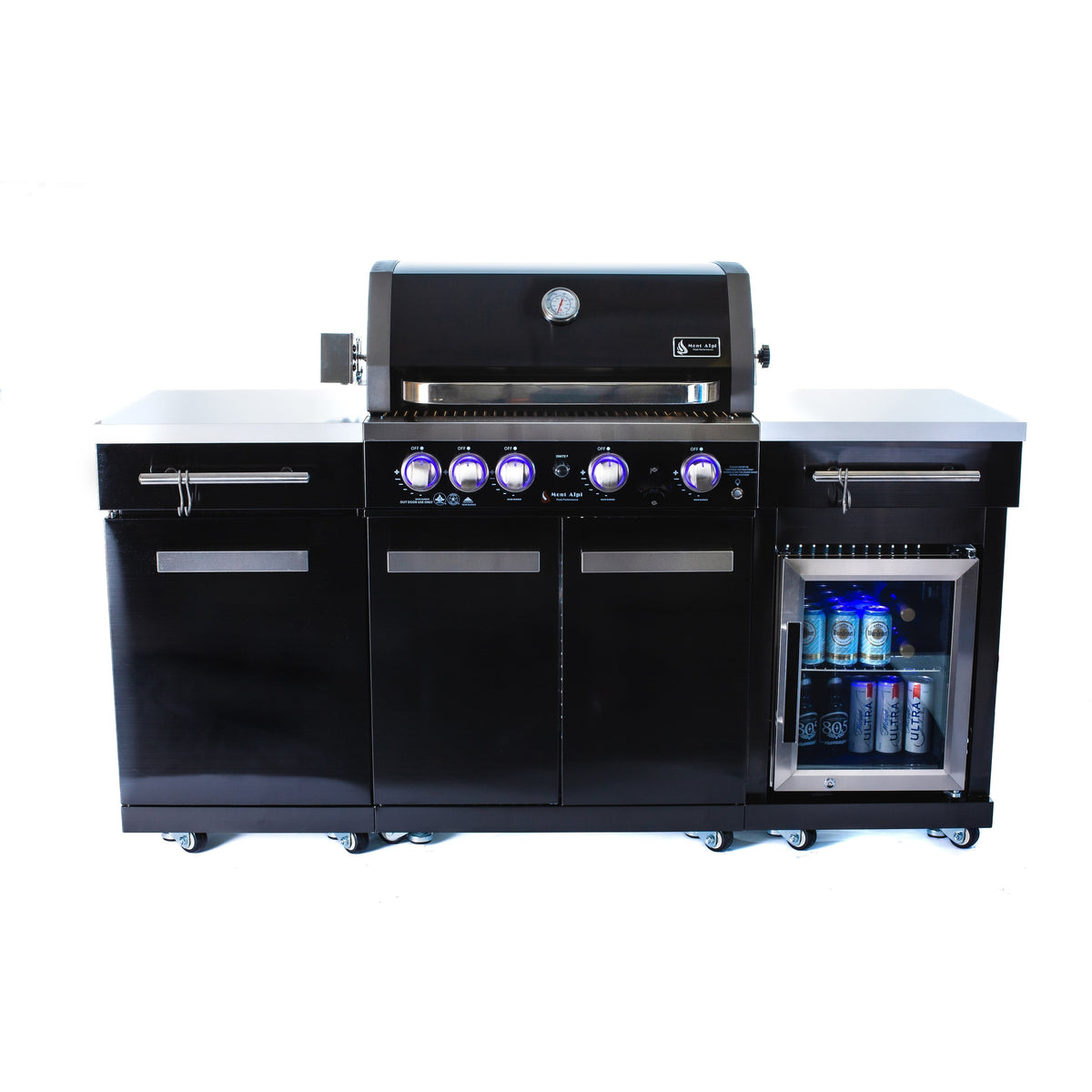 Îlot de cuisine extérieure Premium 70" en acier inoxydable noir avec réfrigérateur + barbecue 32"W 4 brûleurs avec brûleur arrière