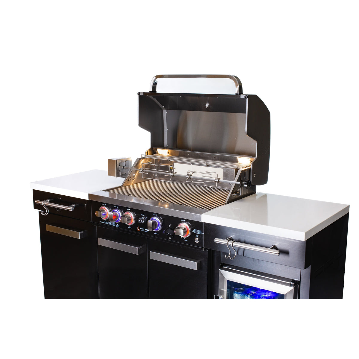 Îlot de cuisine extérieure Premium 70" en acier inoxydable noir avec réfrigérateur + barbecue 32"W 4 brûleurs avec brûleur arrière