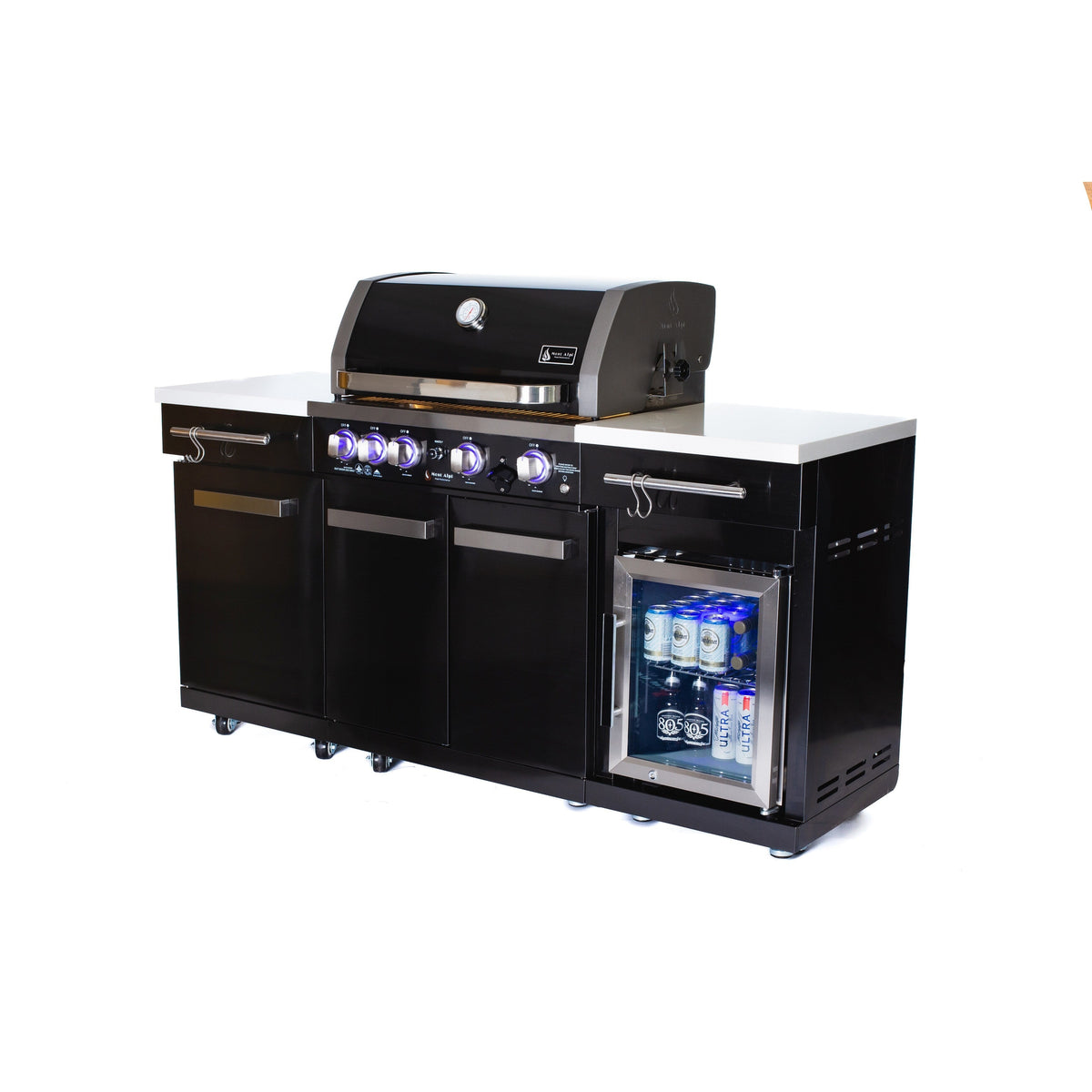Îlot de cuisine extérieure Premium 70" en acier inoxydable noir avec réfrigérateur + barbecue 32"W 4 brûleurs avec brûleur arrière