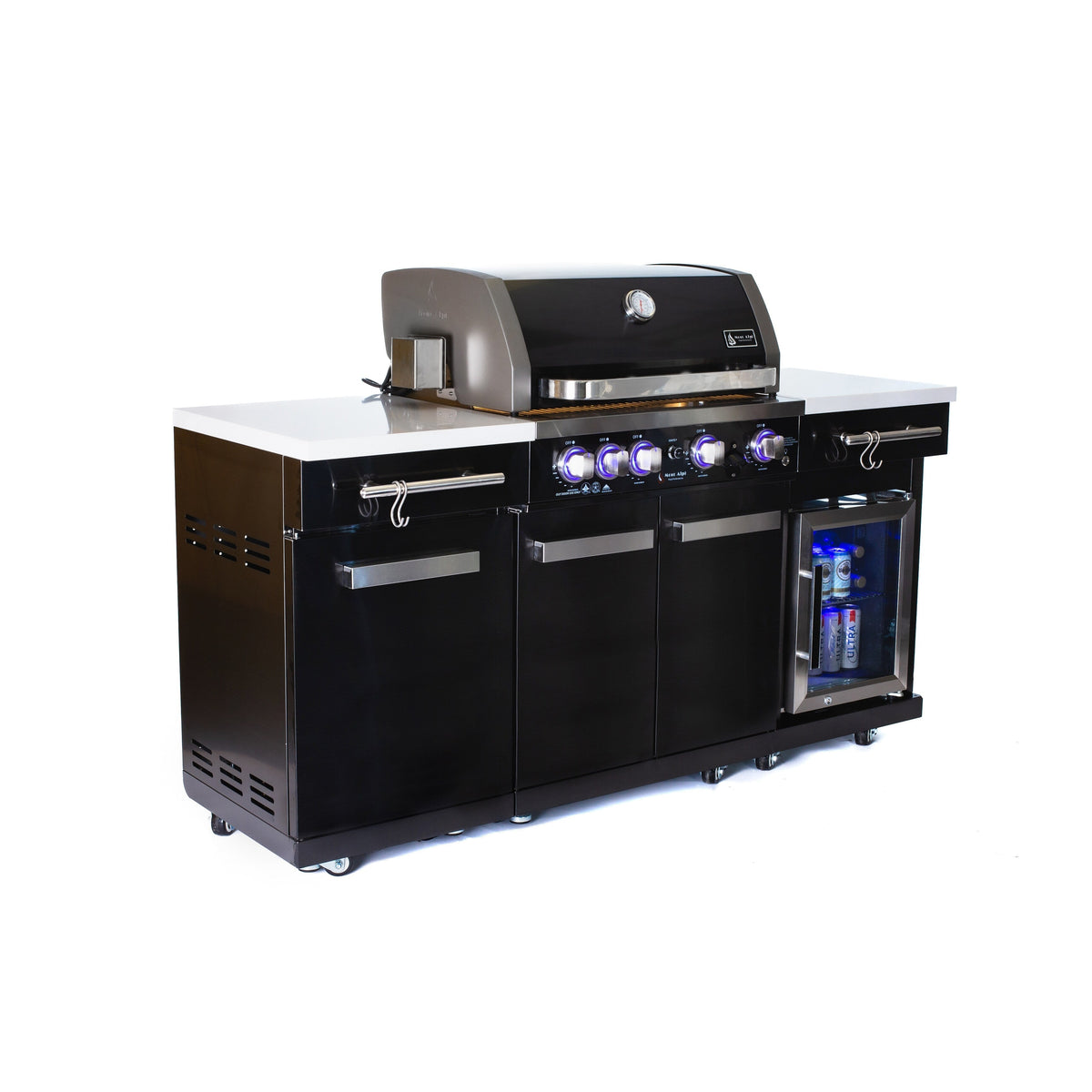 Îlot de cuisine extérieure Premium 70" en acier inoxydable noir avec réfrigérateur + barbecue 32"W 4 brûleurs avec brûleur arrière