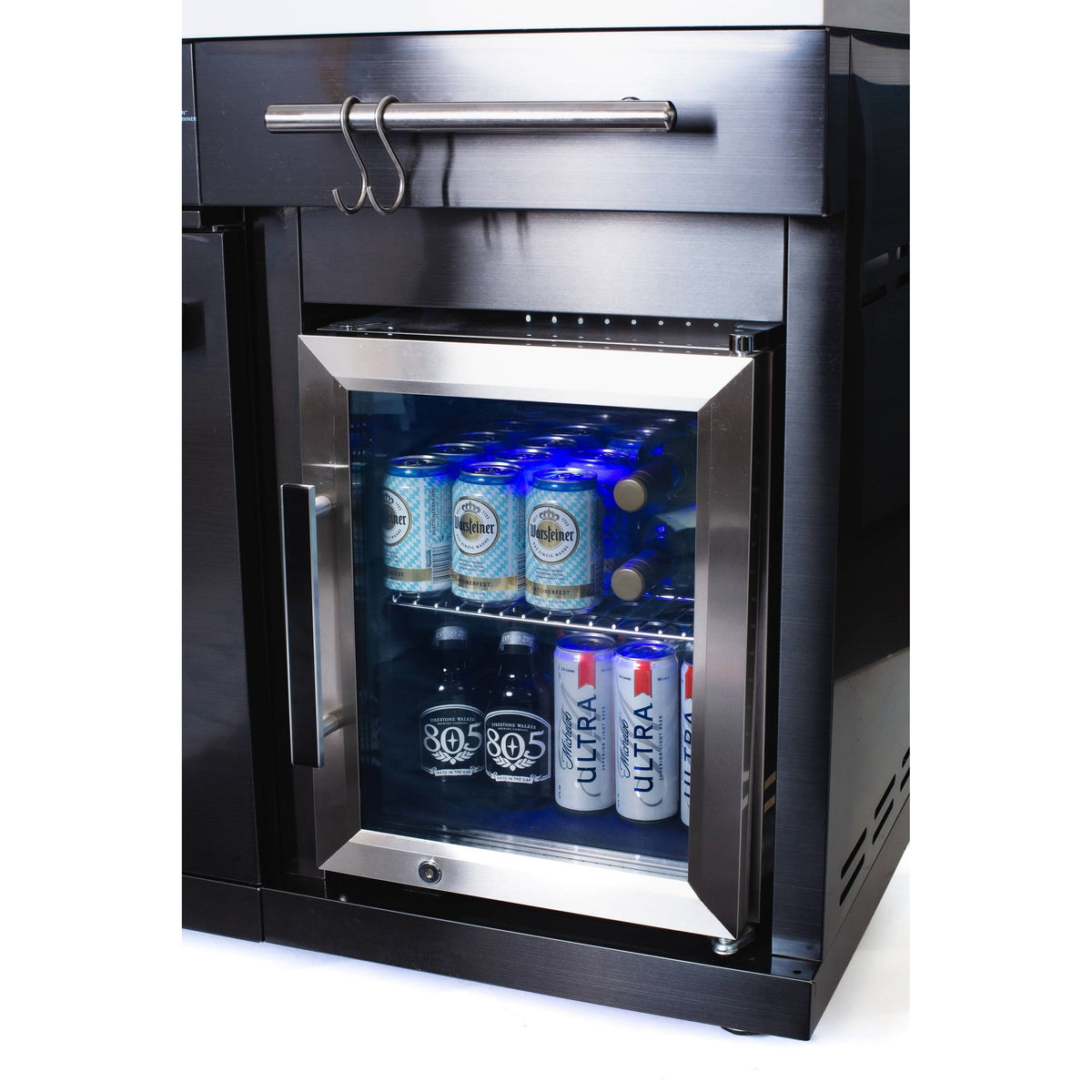 Îlot de cuisine extérieure Premium 70" en acier inoxydable noir avec réfrigérateur + barbecue 32"W 4 brûleurs avec brûleur arrière