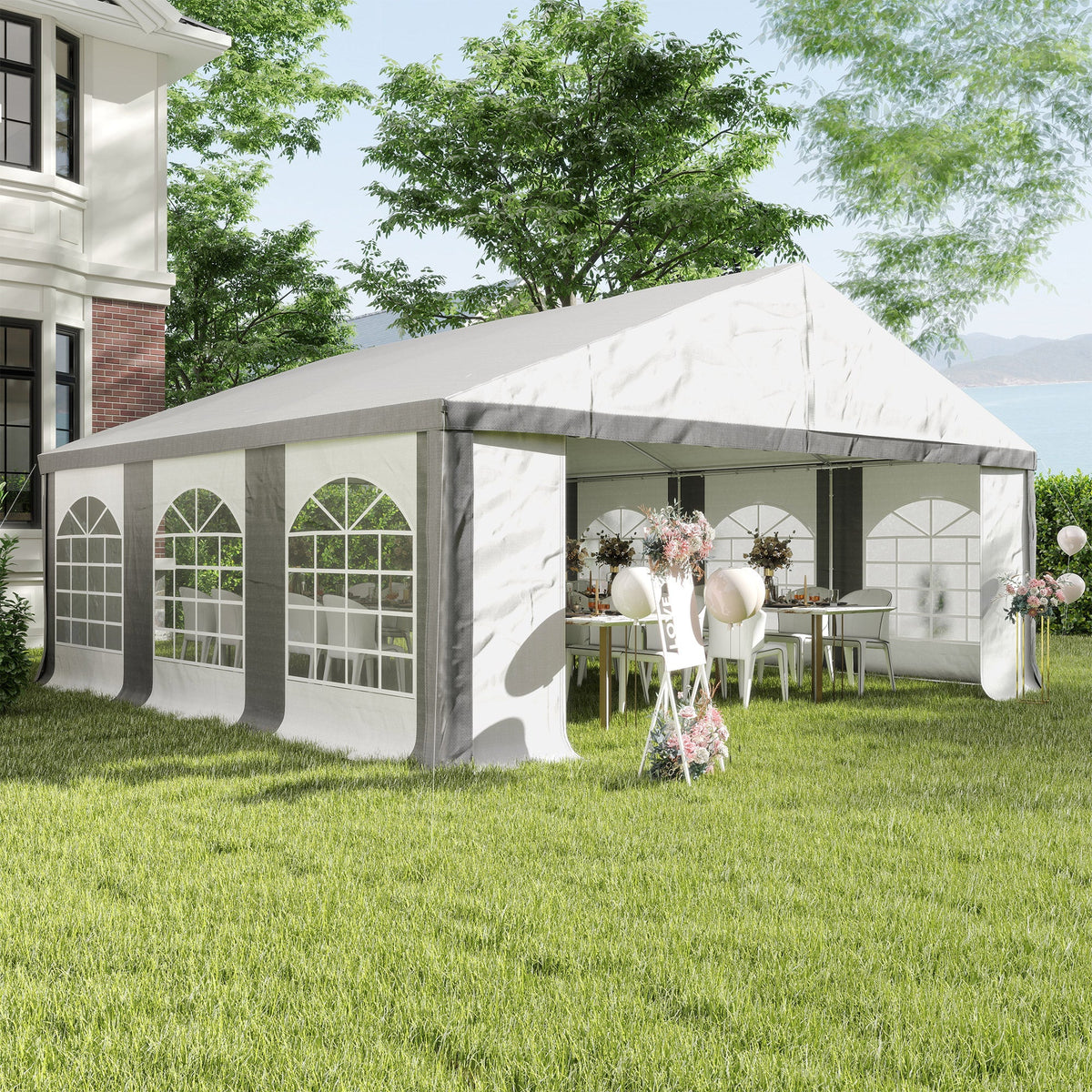 Tente de réception renforcée 20' x 20' blanche et grise avec parois amovibles et doubles portes