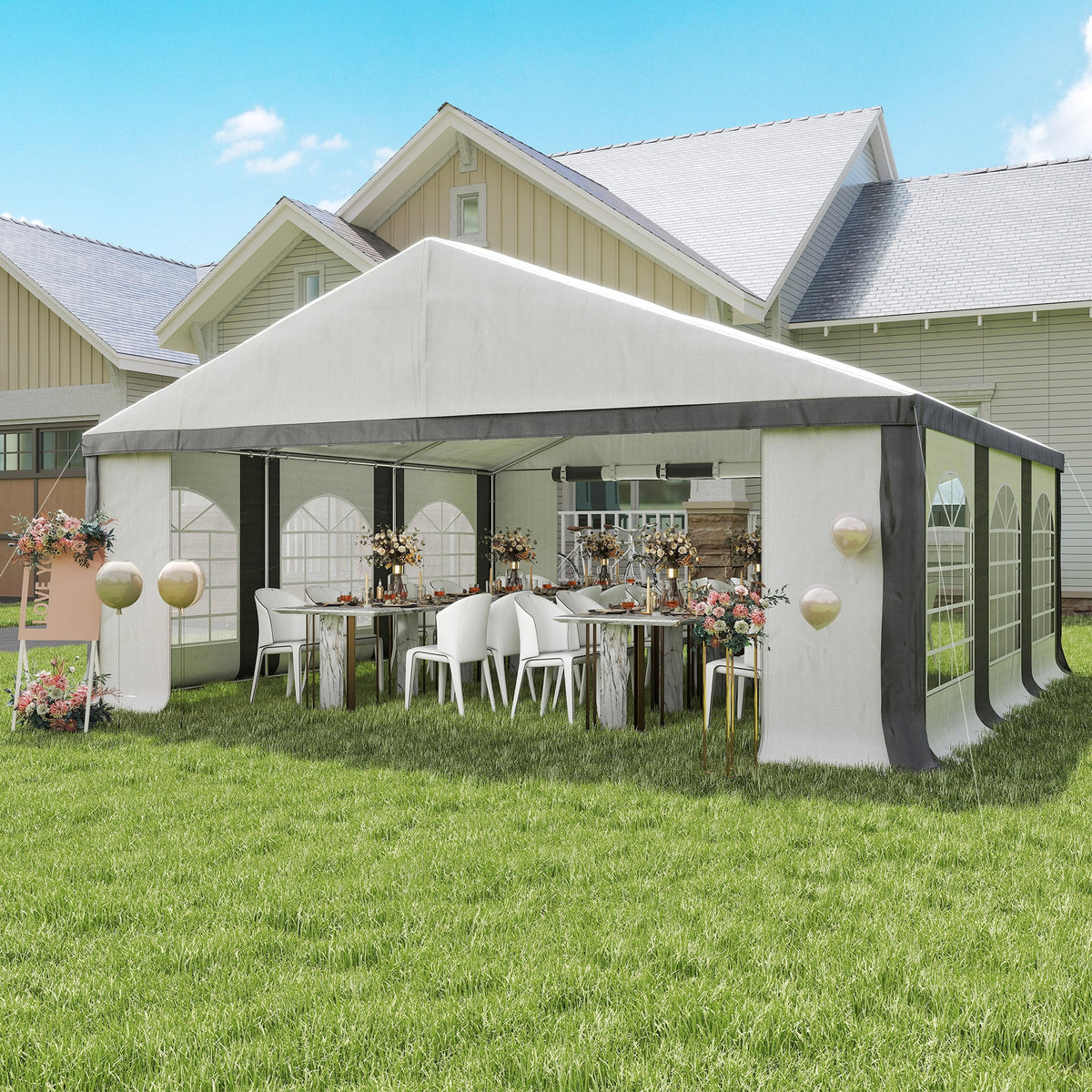 Tente de réception renforcée 20' x 20' blanche et grise avec parois amovibles et doubles portes