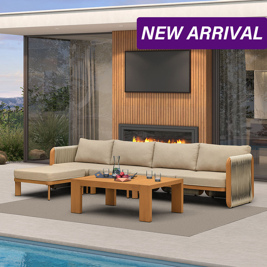 PURPLE LEAF Byron – Canapé d’angle extérieur modulaire en L, tressage à larges bandes et structure en aluminium effet bois