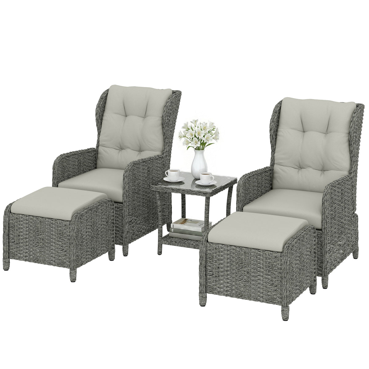 Ensemble 5 pièces de fauteuils inclinables en rotin avec repose-pieds et table en verre, Cream White