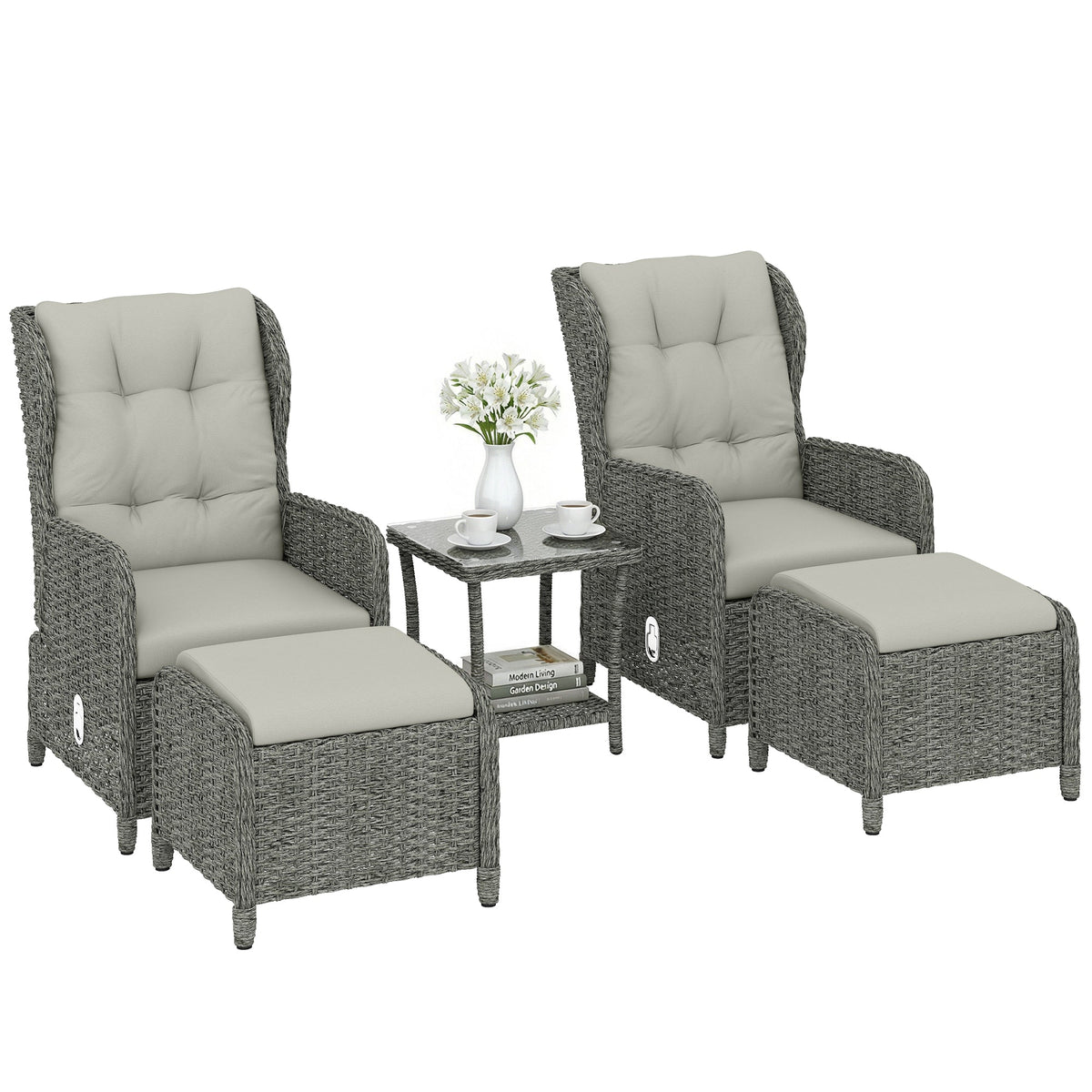 Ensemble 5 pièces de fauteuils inclinables en rotin avec repose-pieds et table en verre, Cream White