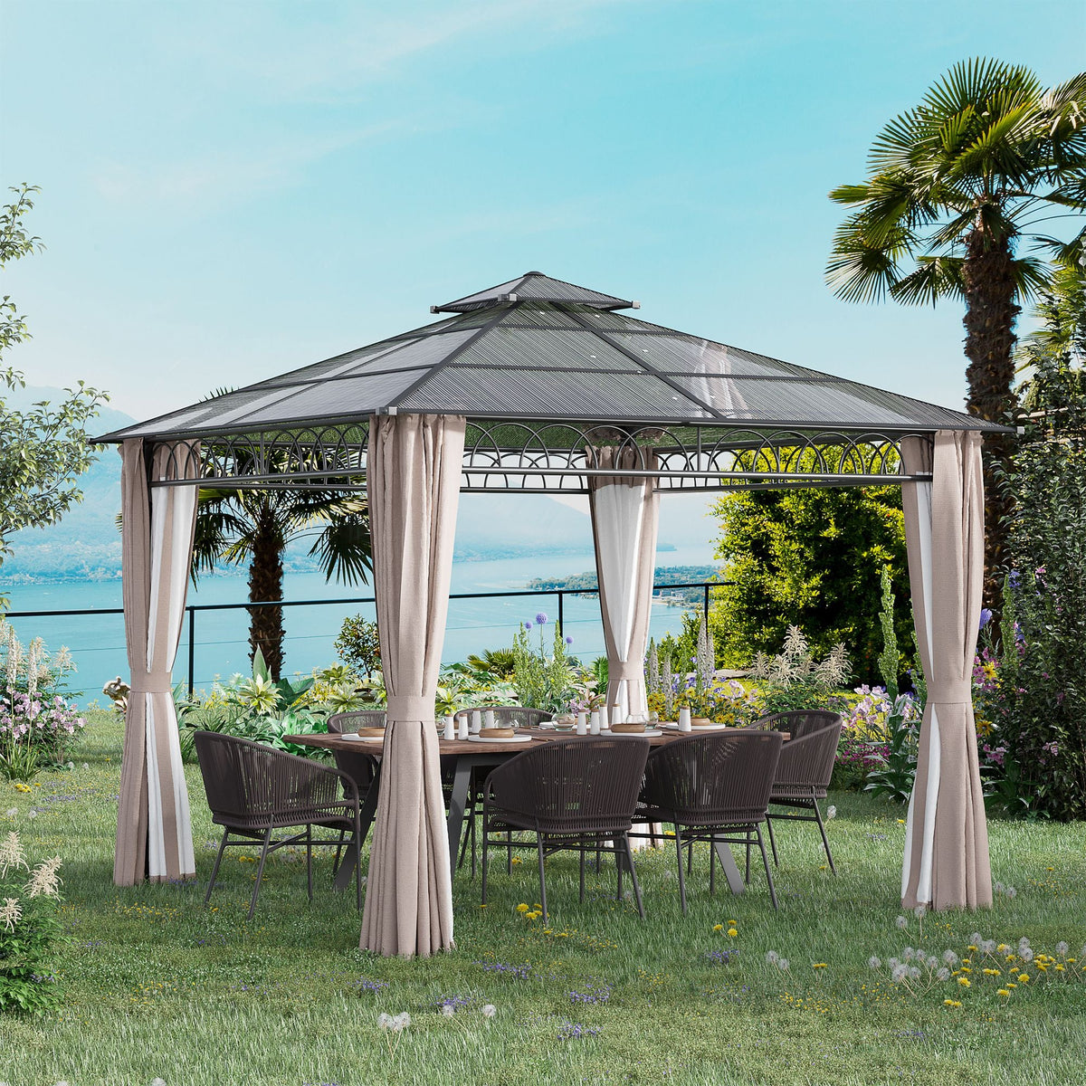 Pavillon à toit rigide en polycarbonate 3 x 3m avec rideaux et moustiquaires, kaki
