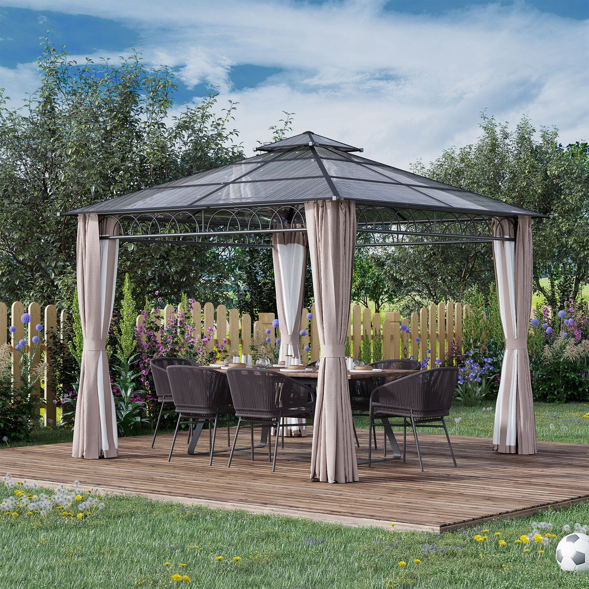 Pavillon à toit rigide en polycarbonate 3 x 3m avec rideaux et moustiquaires, kaki
