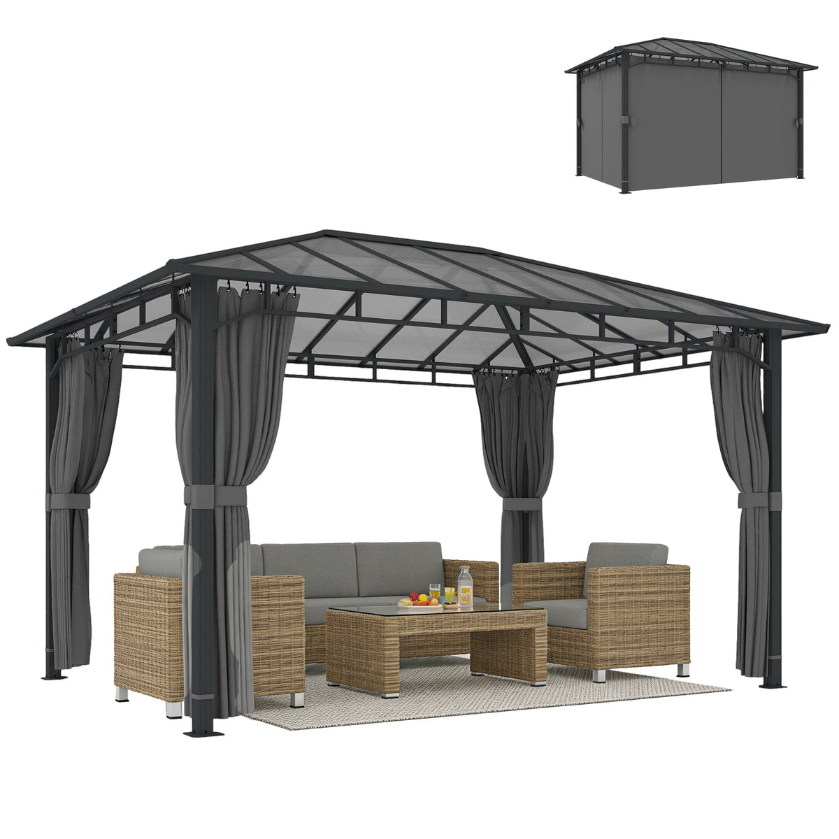 Pavillon à toit rigide 3 x 4 m avec toit en polycarbonate et rideaux, gris foncé