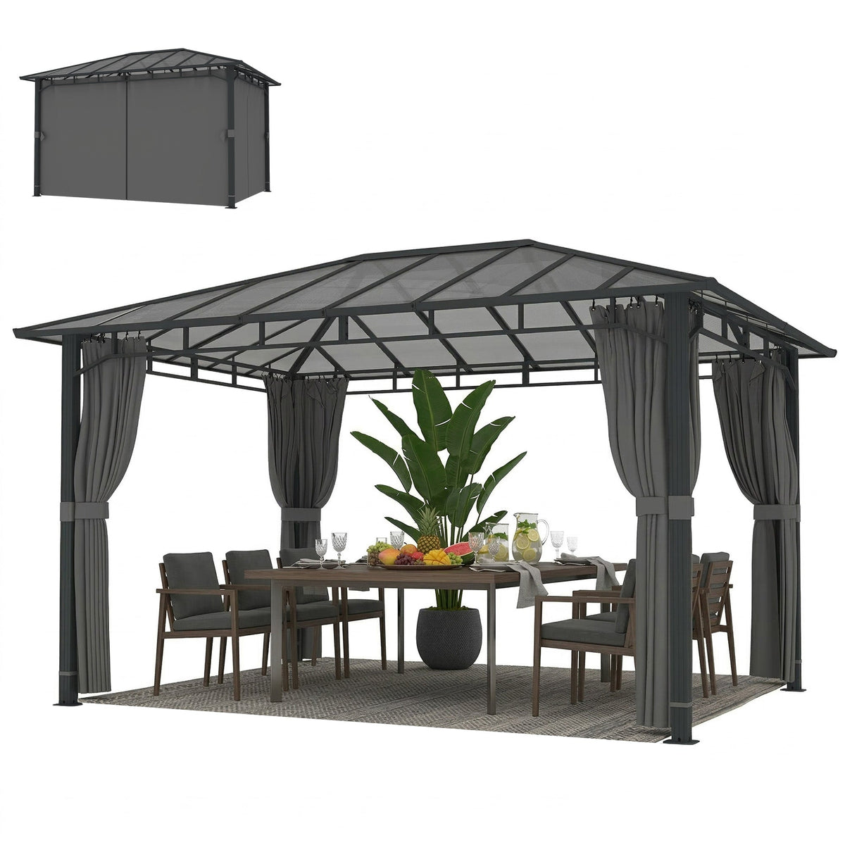 Pavillon à toit rigide 3 x 4 m avec toit en polycarbonate et rideaux, gris foncé