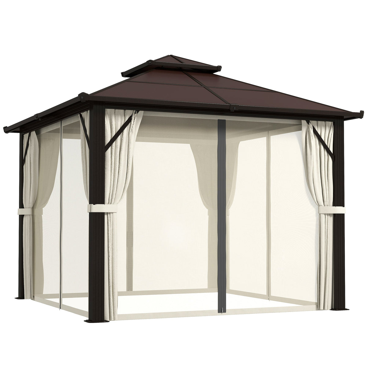 Pavillon à toit rigide 3 x 3m avec double toit en polycarbonate, rideaux et moustiquaires, beige