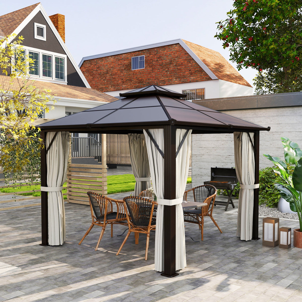 Pavillon à toit rigide 3 x 3m avec double toit en polycarbonate, rideaux et moustiquaires, beige