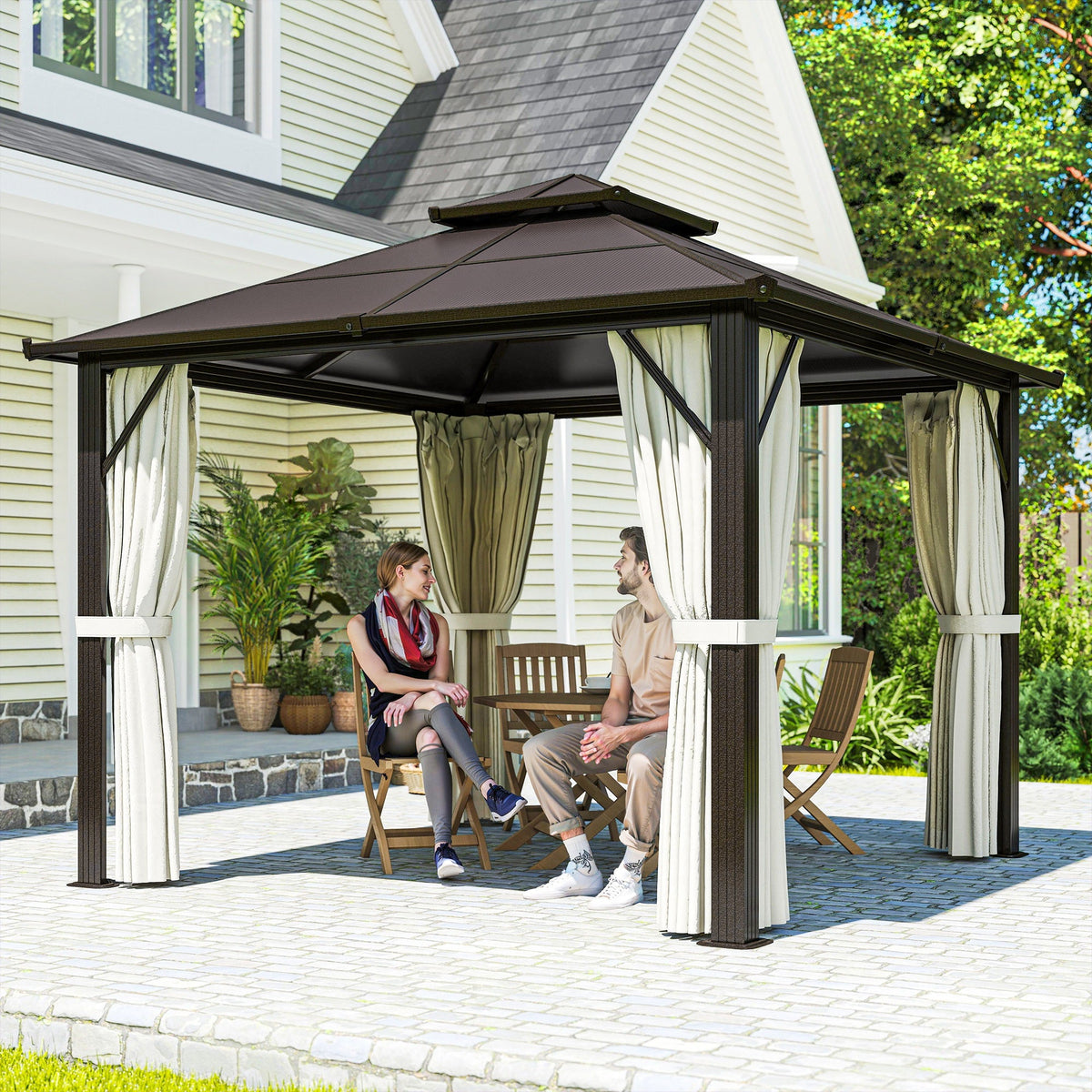 Pavillon à toit rigide 3 x 3m avec double toit en polycarbonate, rideaux et moustiquaires, beige