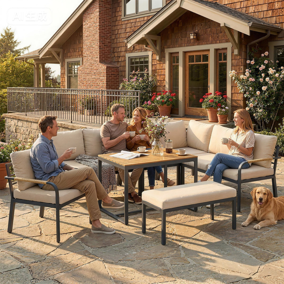 Ensemble mobilier de jardin 7 places avec table aspect bois, kaki