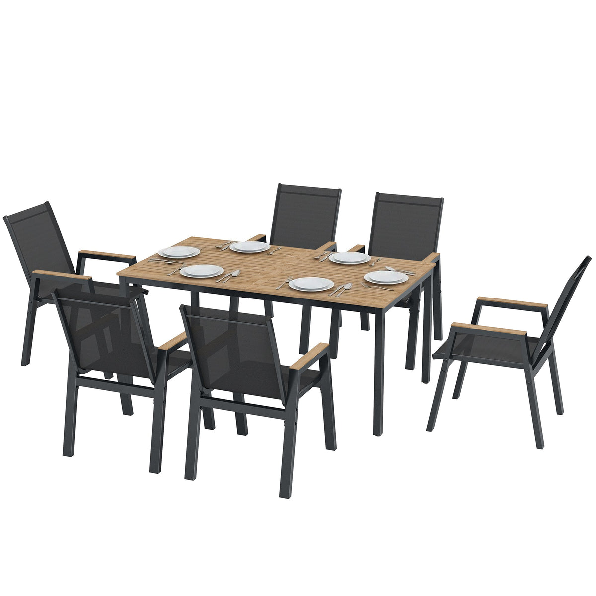 Ensemble repas extérieur 7 pièces avec table rectangulaire à lattes et 6 chaises en maille, noir
