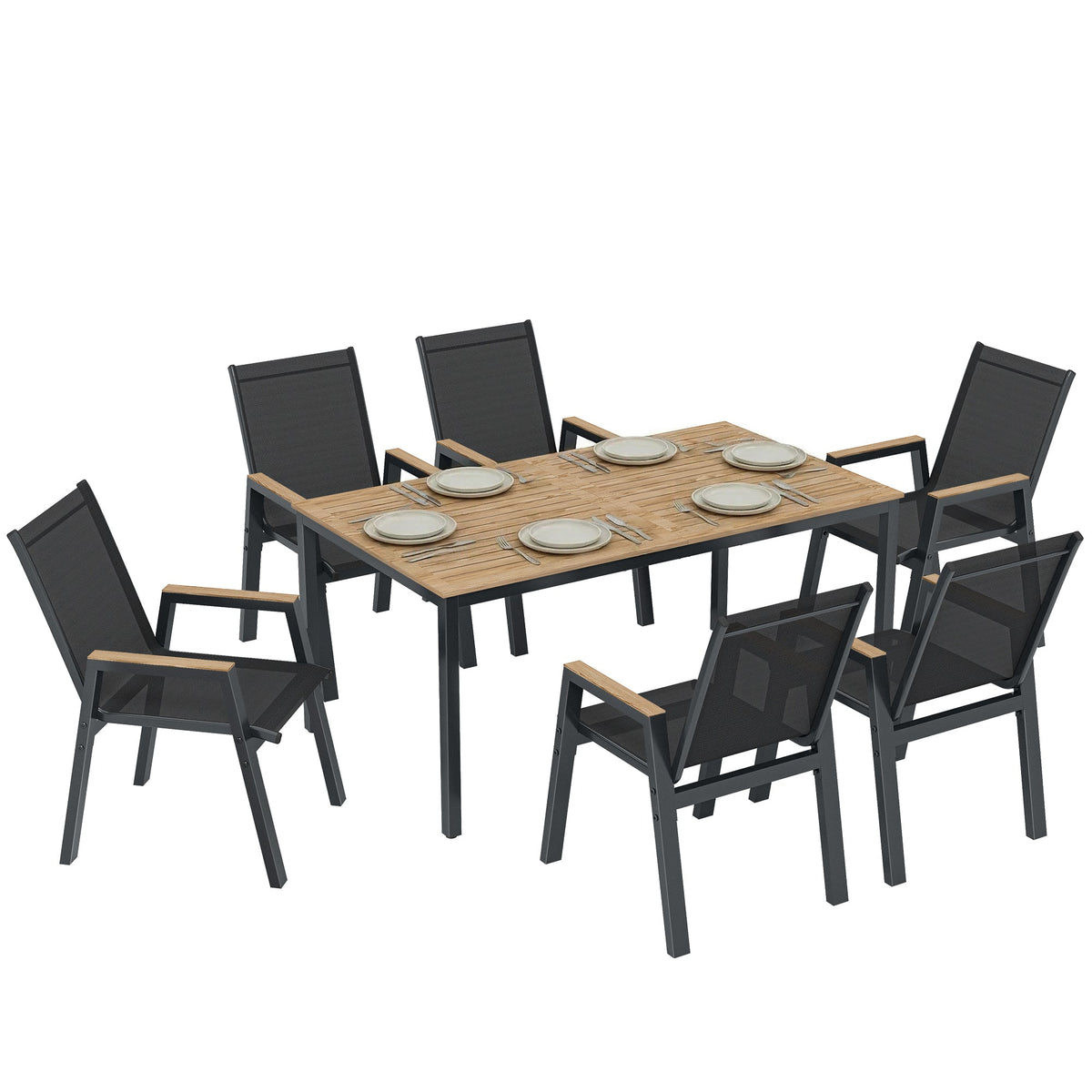 Ensemble repas extérieur 7 pièces avec table rectangulaire à lattes et 6 chaises en maille, noir