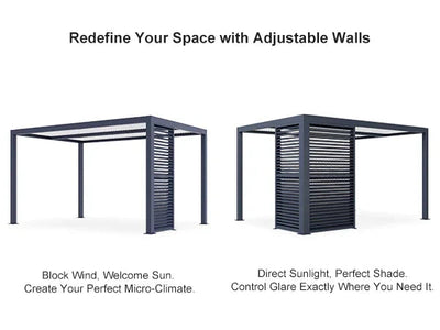 PURPLE LEAF Athena – Pergola extérieure grise en aluminium à lames orientables avec paroi à volets, réglable et étanche à la pluie