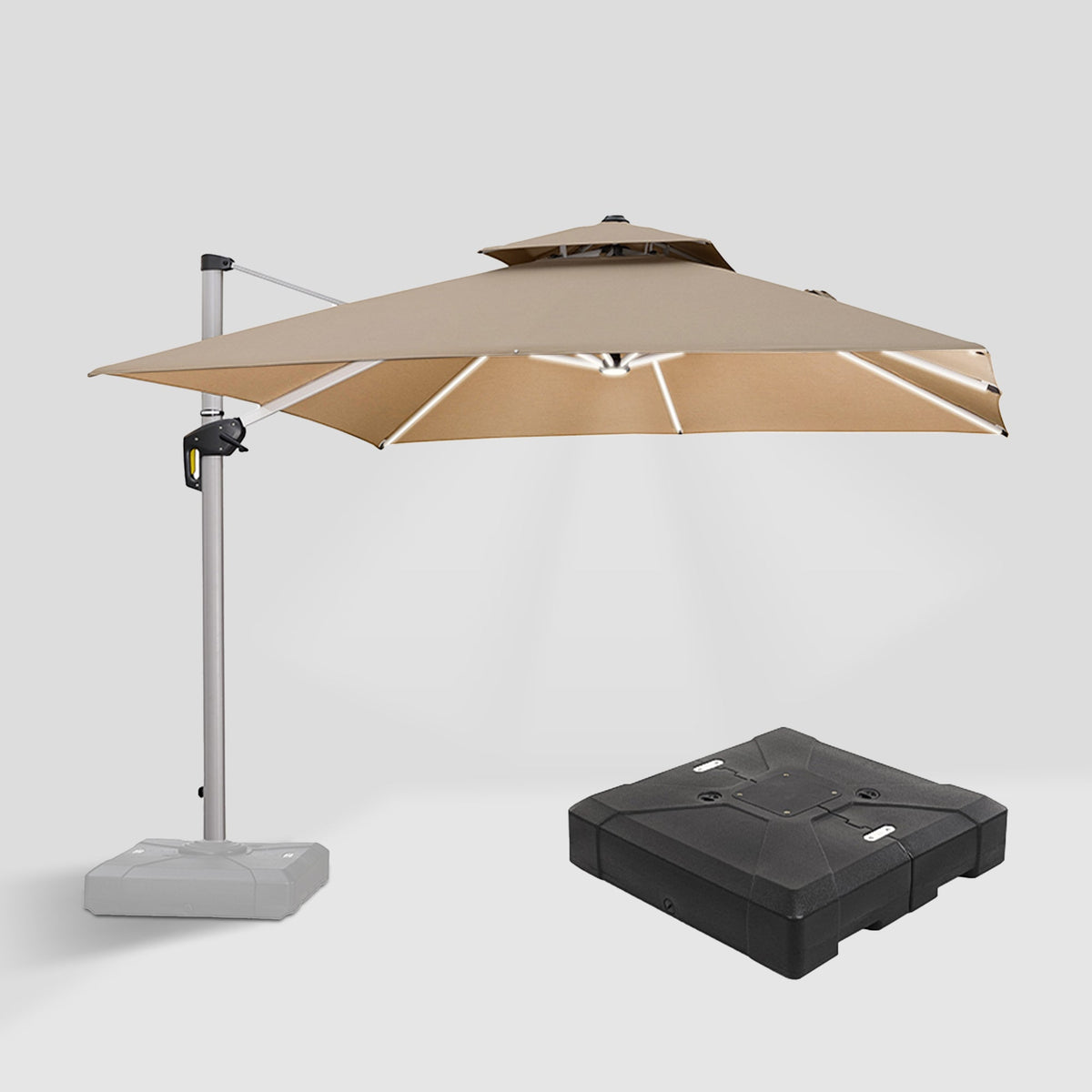 PURPLE LEAF – Parasol déporté carré avec base et éclairage pour extérieur