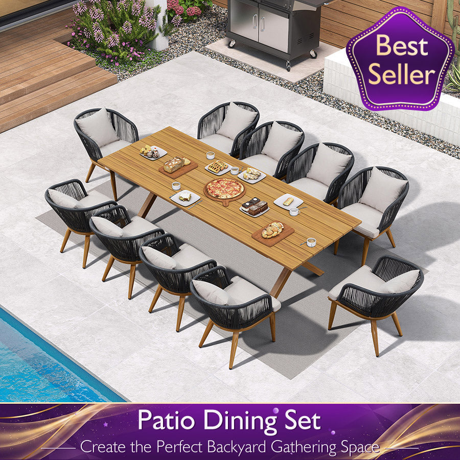 PURPLE LEAF – Ensemble repas de terrasse en teck avec coussins et oreiller, résine tressée toutes saisons pour jardin et terrasse