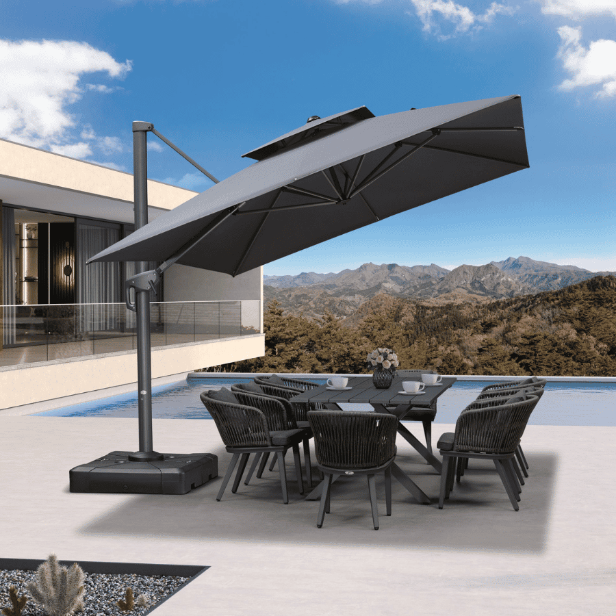 PURPLE LEAF – Ensemble table et parasol de terrasse, parasol extérieur déporté 10×13 ft avec mât gris et base