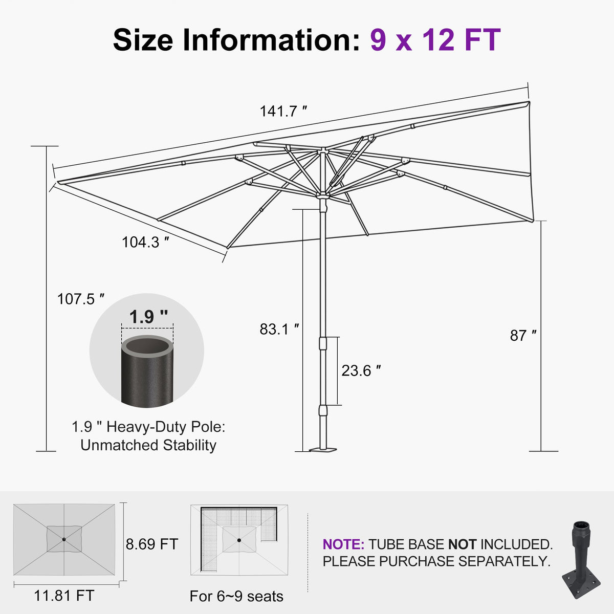 PURPLE LEAF – Parasol de marché haut de gamme renforcé, commercial, hydraulique et semi-automatique pour terrasse