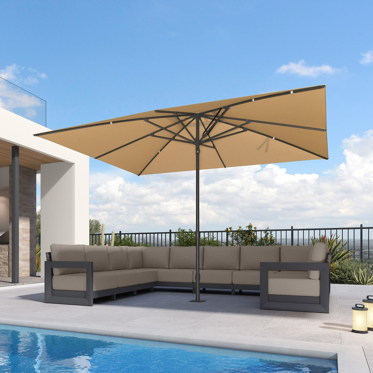 PURPLE LEAF – Parasol de marché haut de gamme renforcé, commercial, hydraulique et semi-automatique pour terrasse