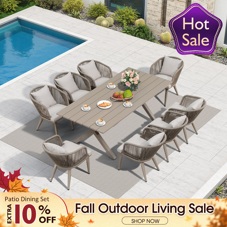 PURPLE LEAF – Ensemble repas de terrasse avec structure en aluminium et chaises en résine tressée à la main, coussins et oreillers inclus