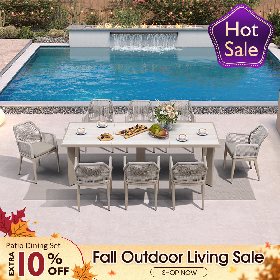PURPLE LEAF – Ensemble repas extérieur en résine tressée avec coussins Sunbrella pour cuisine, terrasse et jardin