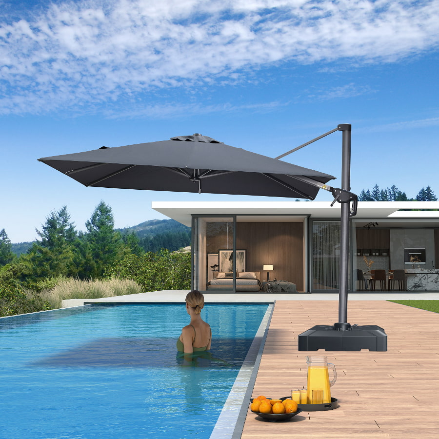 PURPLE LEAF – Parasol déporté extérieur 8 x 8 ft pour piscine et terrasse avec base