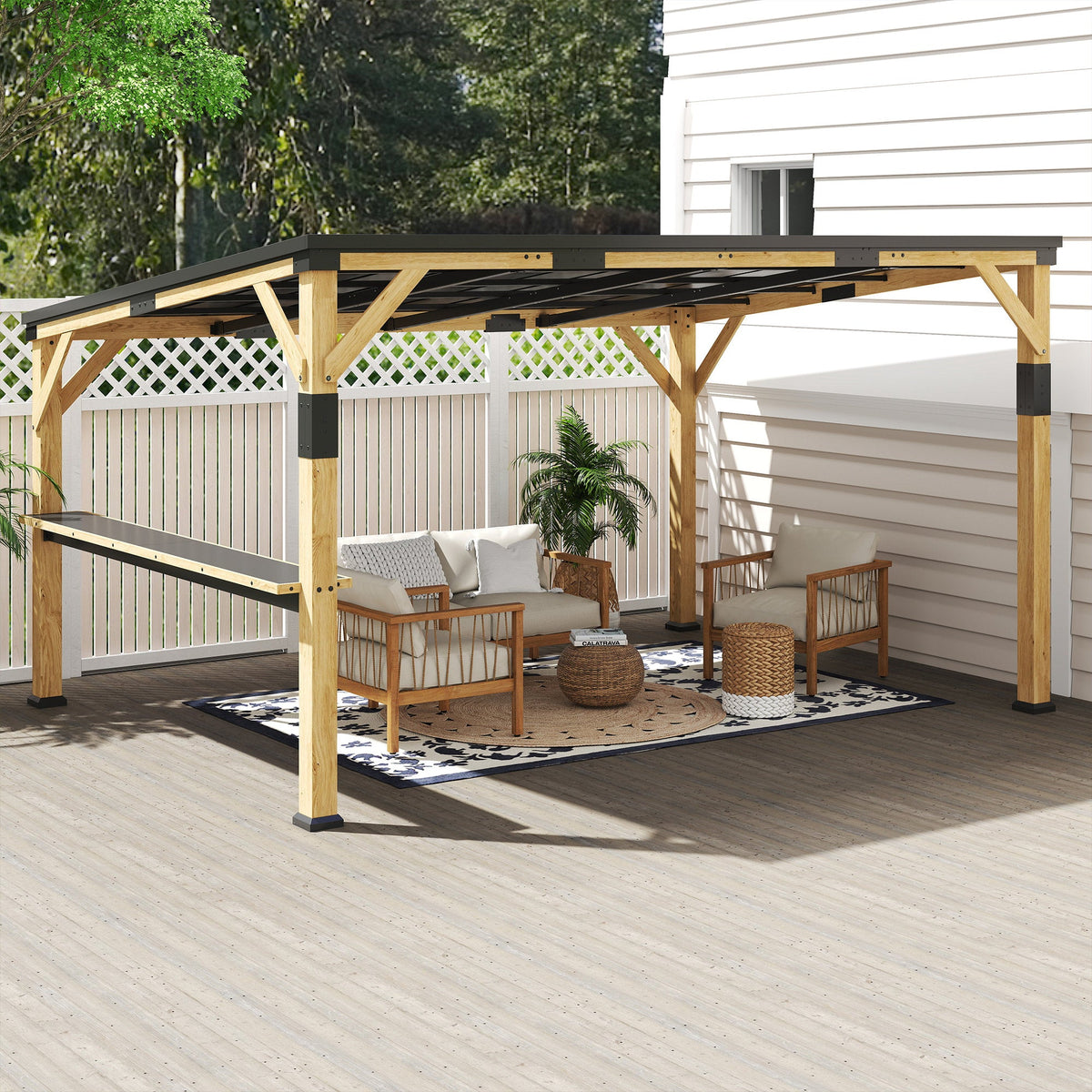 PerArbor 10' x 14' – Pavillon adossé en bois avec toit incliné en acier galvanisé et tablette de bar
