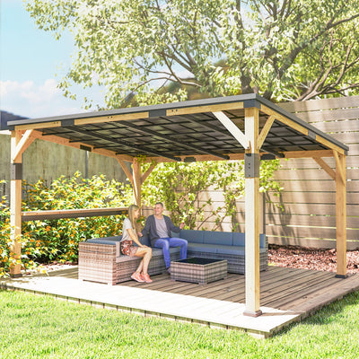PerArbor 10' x 14' – Pavillon adossé en bois avec toit incliné en acier galvanisé et tablette de bar