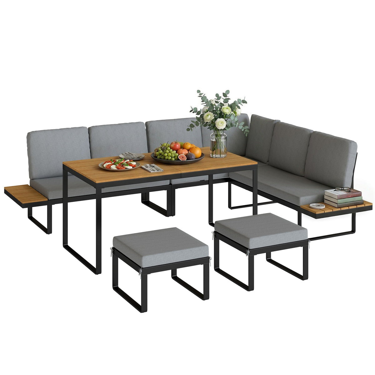 FlexNook – Ensemble canapé d’angle 6 pièces pour 6-8 personnes, structure en aluminium avec coussins, gris
