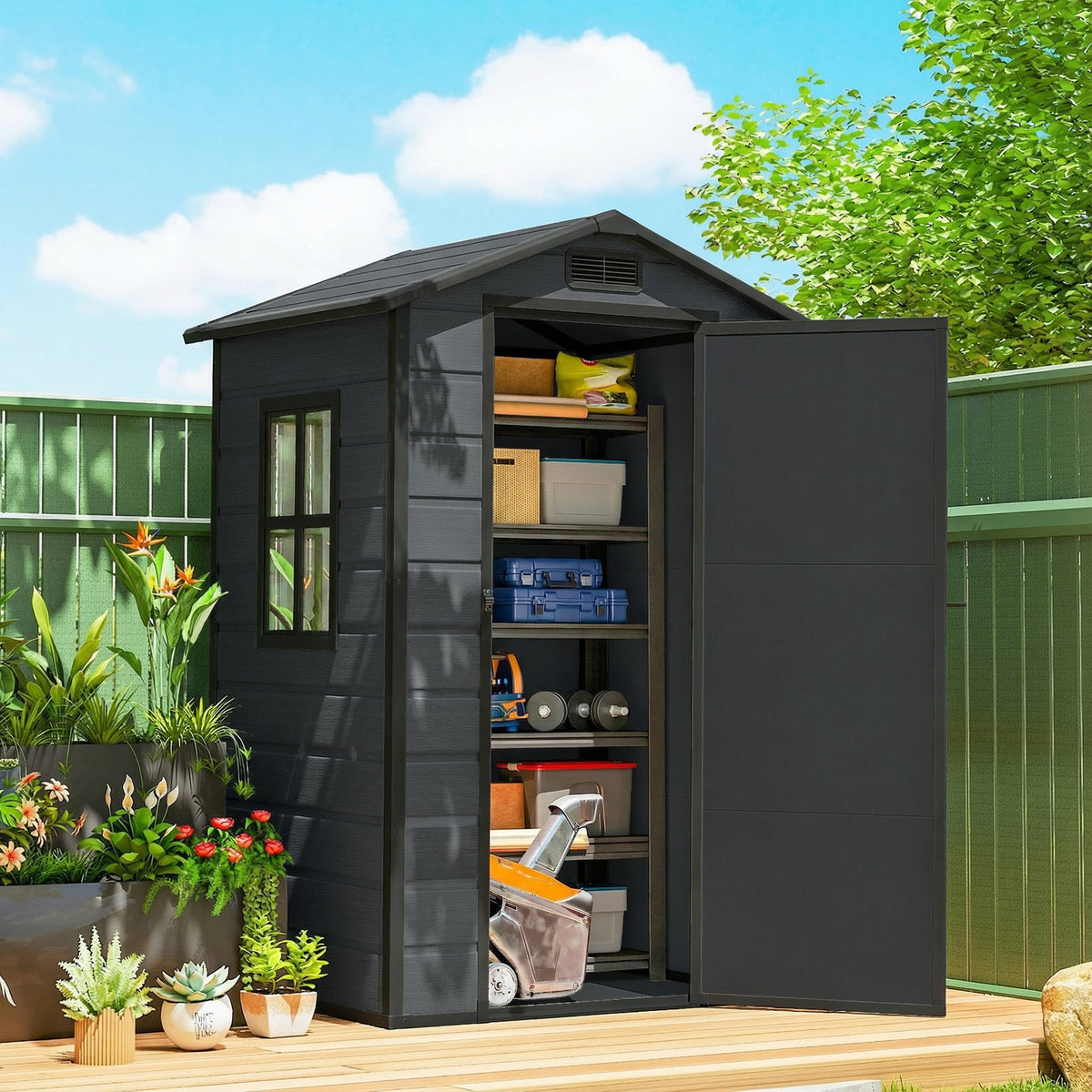 Abri de jardin en plastique 4' x 3' avec plancher, fenêtre et aération, gris foncé