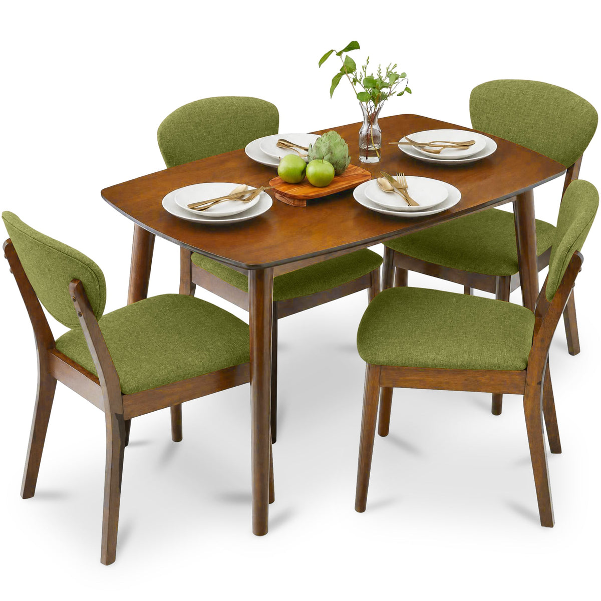 5 Pièces Wooden Mid-Century Modern Dining Set w/ 4 Chairs, Padded Seat & Back - Best Choice Products