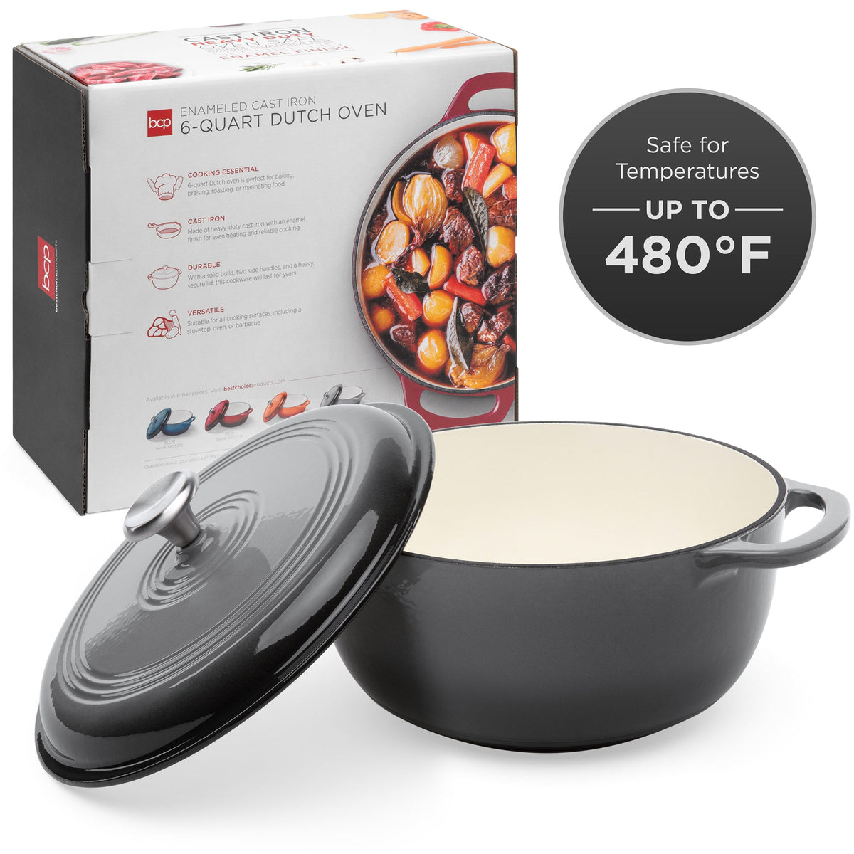 Cast-Iron Dutch Oven Kitchen Cookware w/ Enamel, Handles - 6qt - Best Choice Products