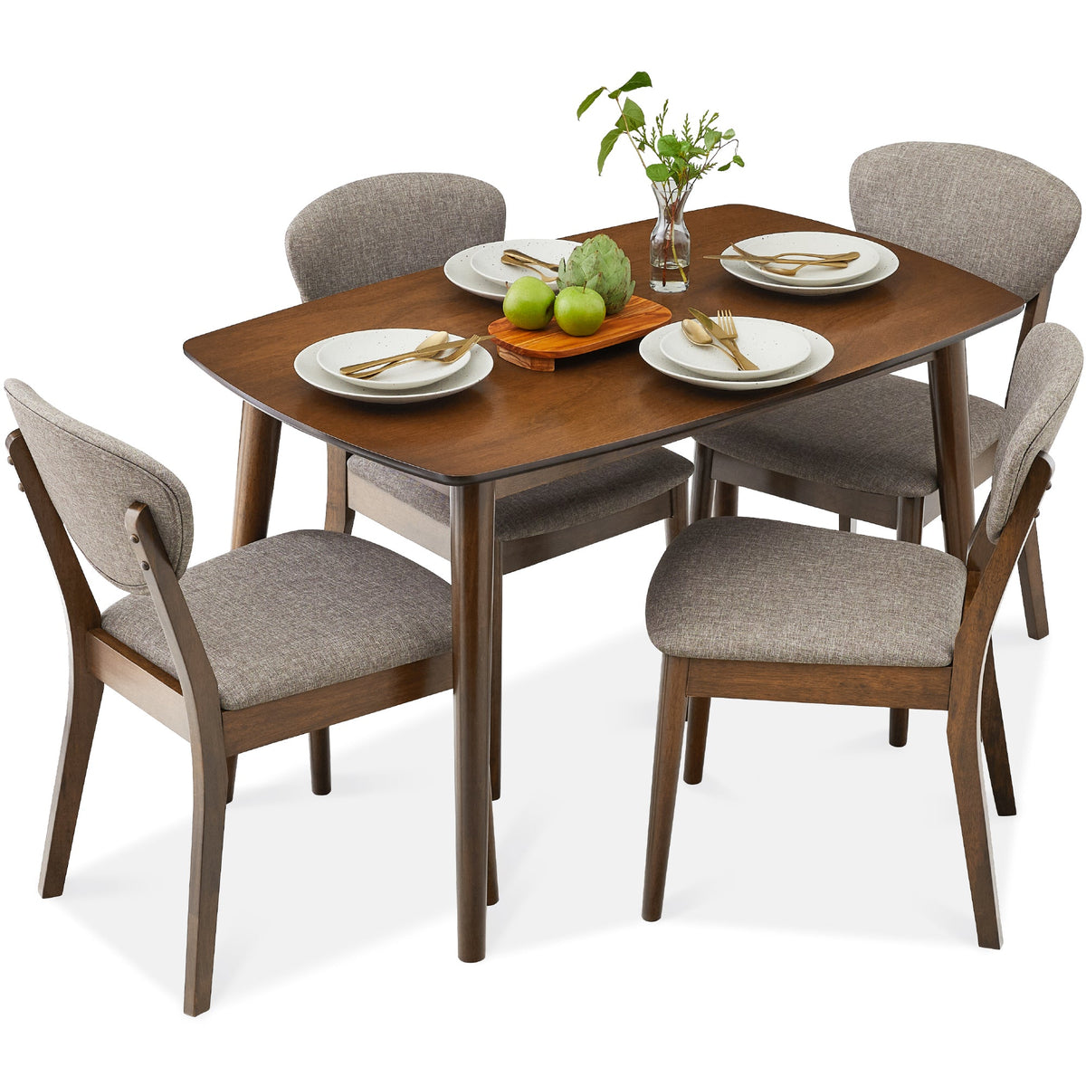 5 Pièces Wooden Mid-Century Modern Dining Set w/ 4 Chairs, Padded Seat & Back - Best Choice Products