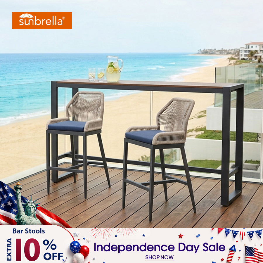 PURPLE LEAF – Lot de 2 tabourets de bar de terrasse Sunbrella en rotin et aluminium avec dossier et coussin