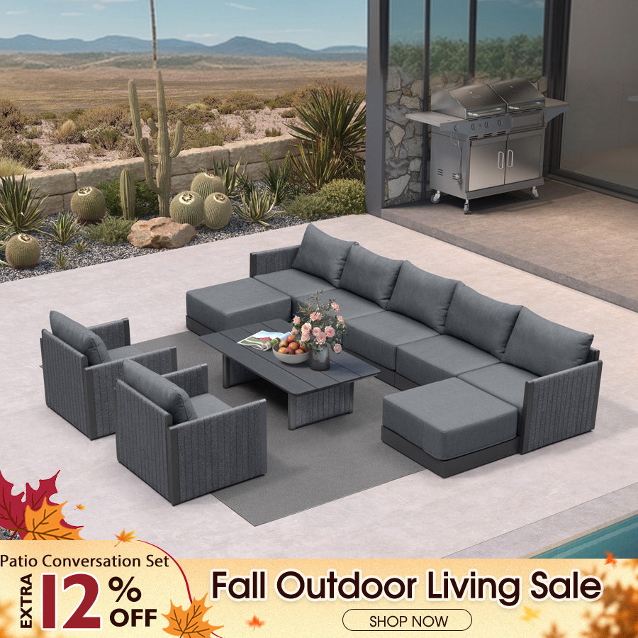 PURPLE LEAF Sanori – Canapé d’angle extérieur symétrique gris, design modulaire avec coussins et ottoman pour porche