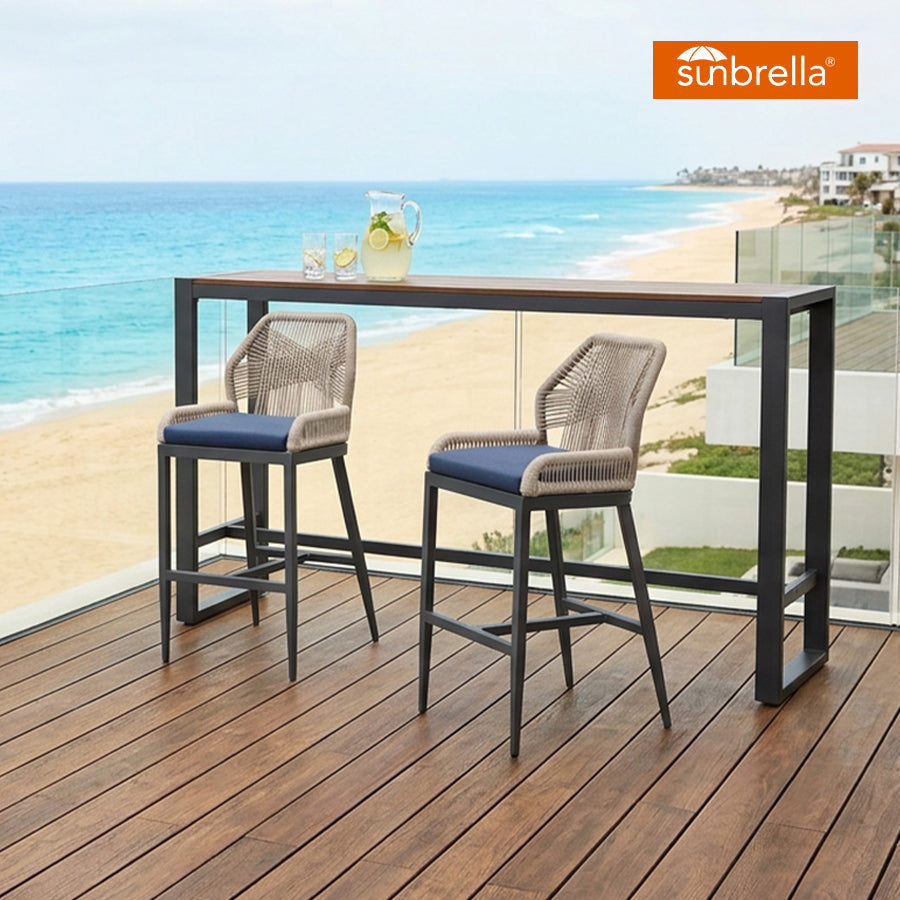 PURPLE LEAF – Lot de 2 tabourets de bar de terrasse Sunbrella en rotin et aluminium avec dossier et coussin