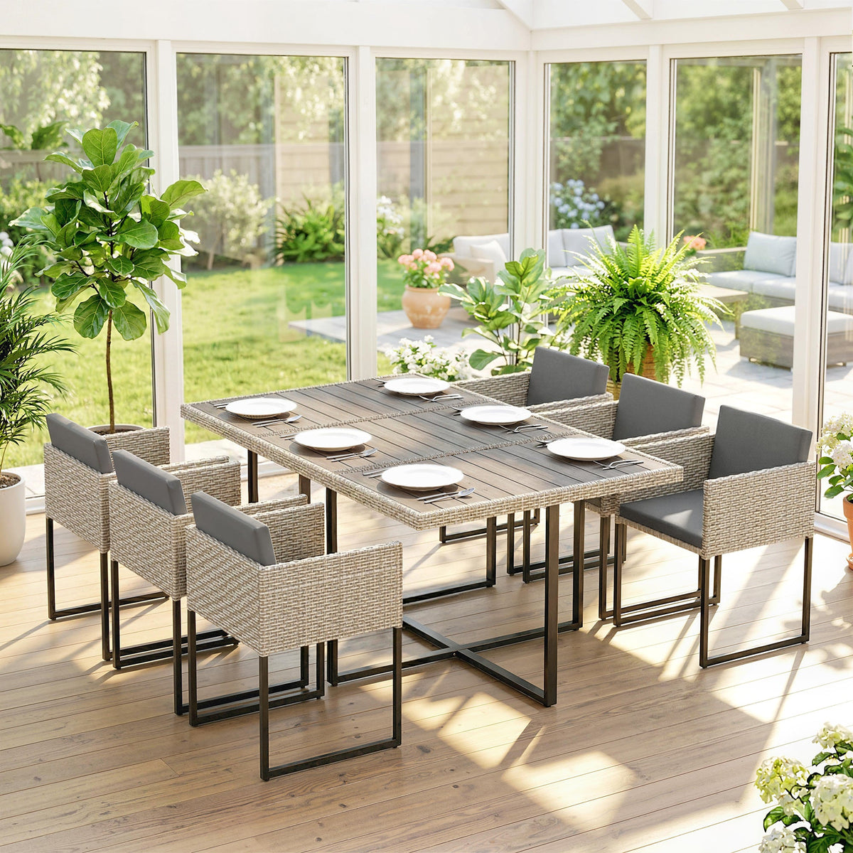 Ensemble repas en rotin 7 pièces gris clair avec table WPC, 6 chaises et 12 coussins