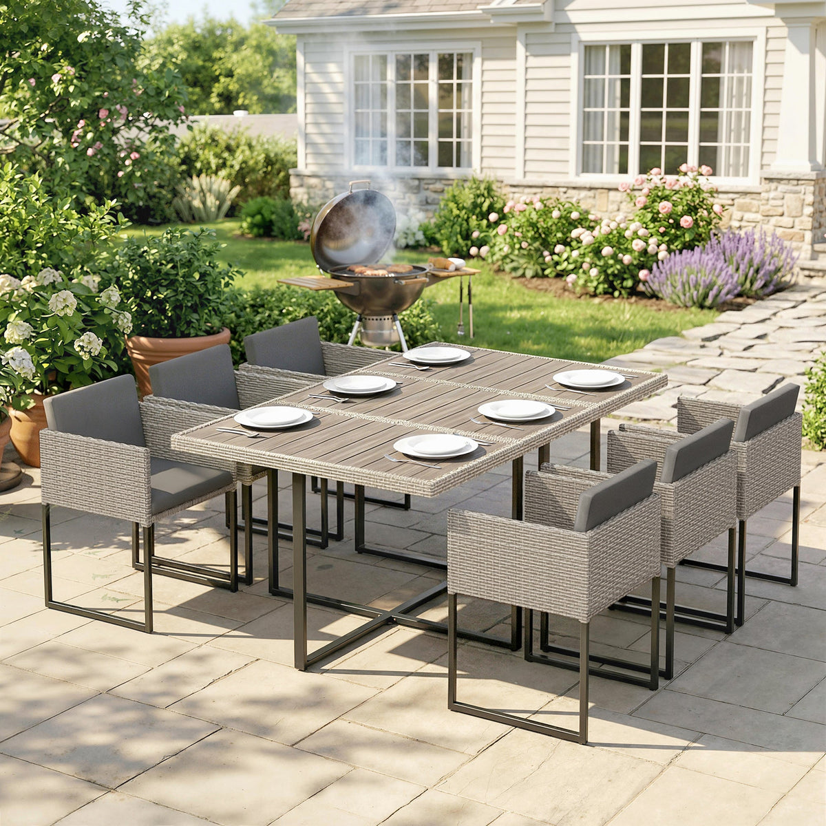 Ensemble repas en rotin 7 pièces gris clair avec table WPC, 6 chaises et 12 coussins