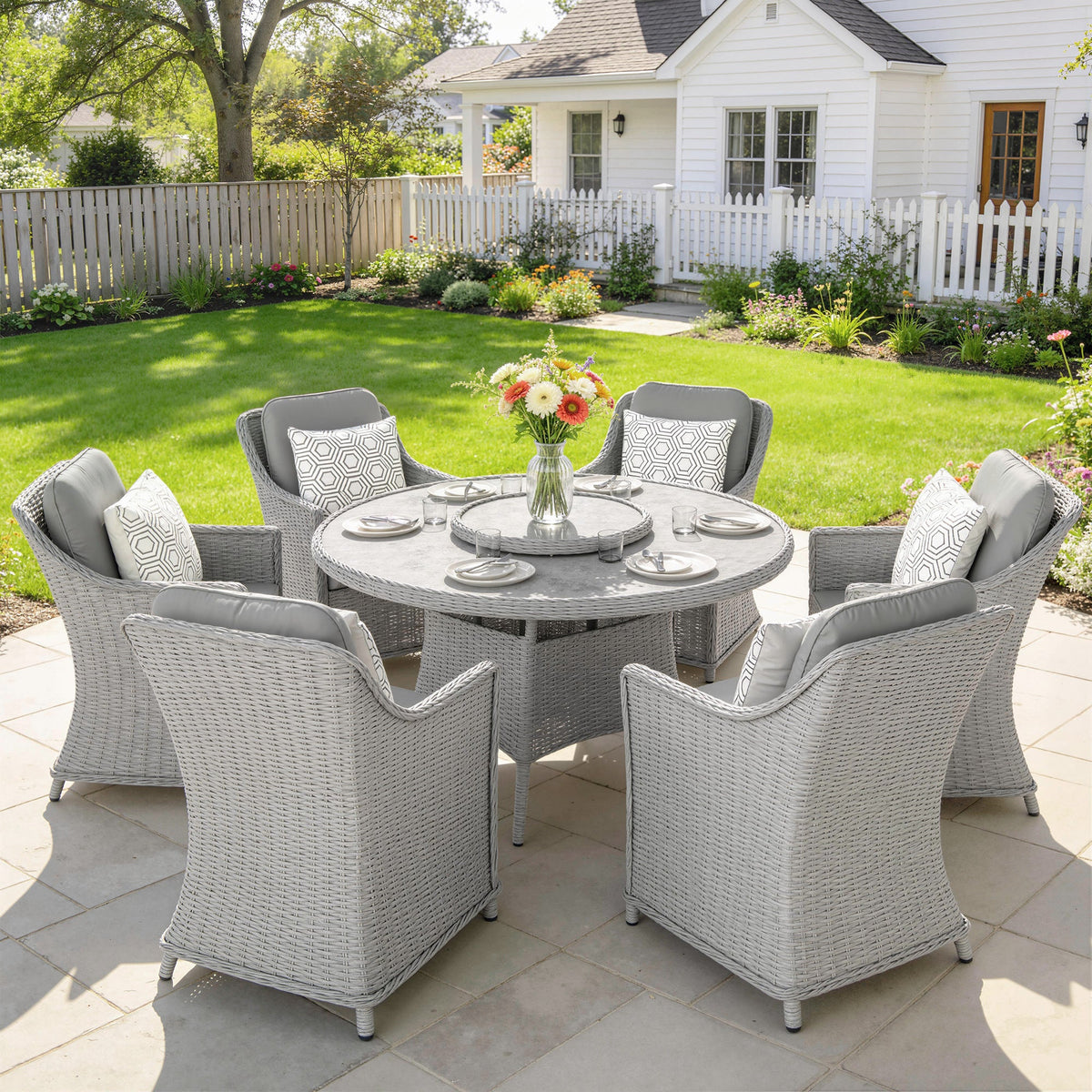 Ensemble repas en rotin 6 places avec plateau tournant Lazy Susan et table effet marbre, gris