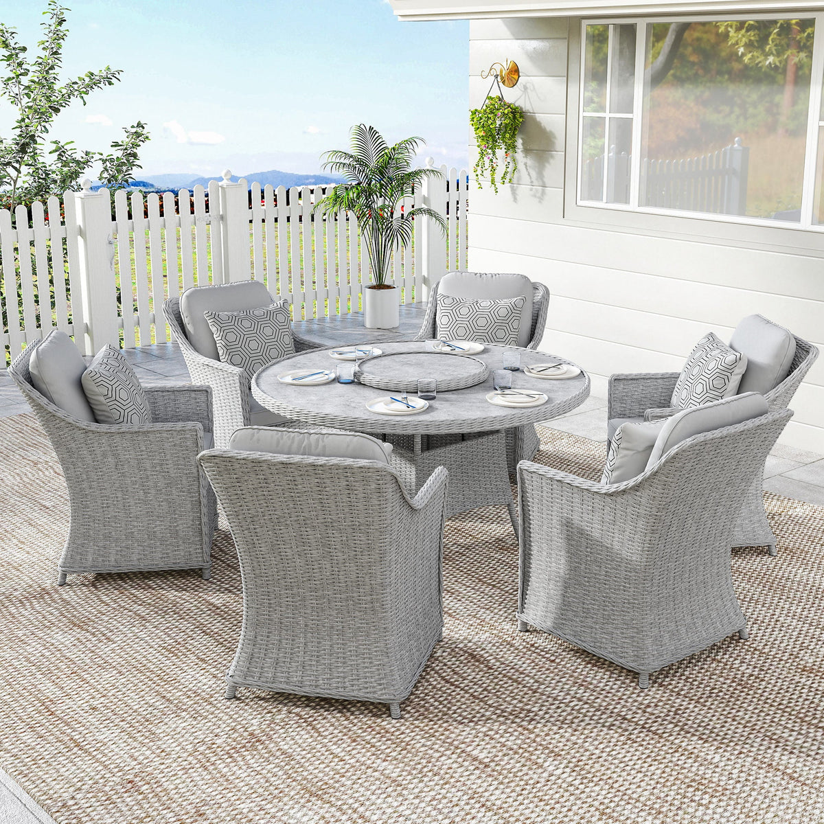 Ensemble repas en rotin 6 places avec plateau tournant Lazy Susan et table effet marbre, gris
