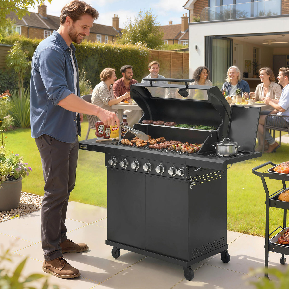 Barbecue à gaz 6+1 brûleurs avec meuble et fenêtre de contrôle, noir