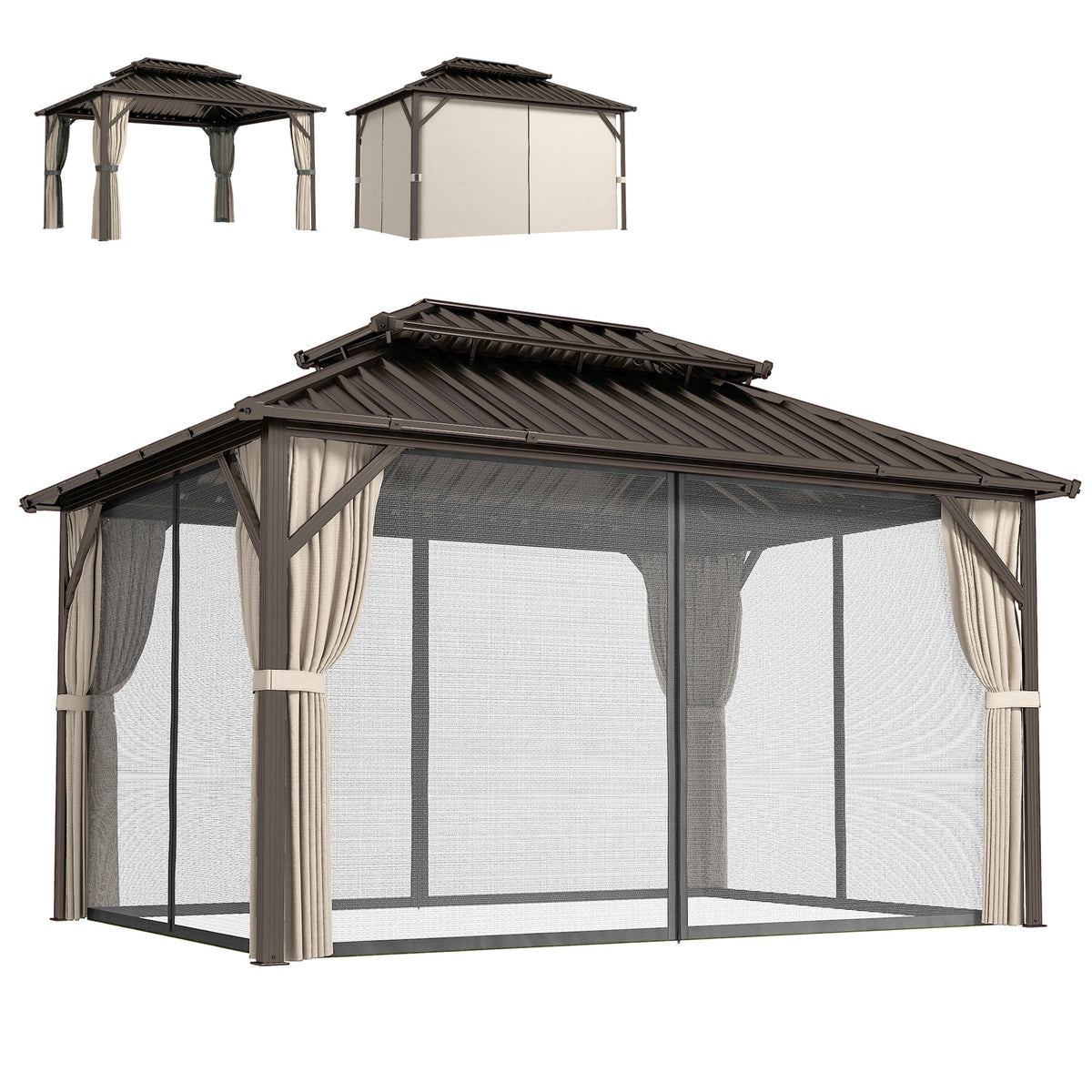 Pavillon à toit rigide 10' x 14' avec rideaux et moustiquaires, marron