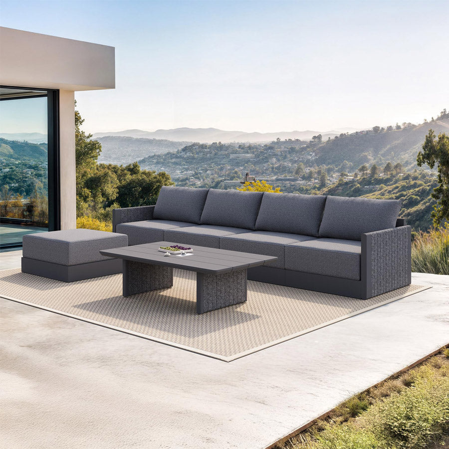 PURPLE LEAF Athena – Pergola moderne grise à lames orientables avec toit blanc et ensemble canapé modulaire Sanori pour terrasse et jardin