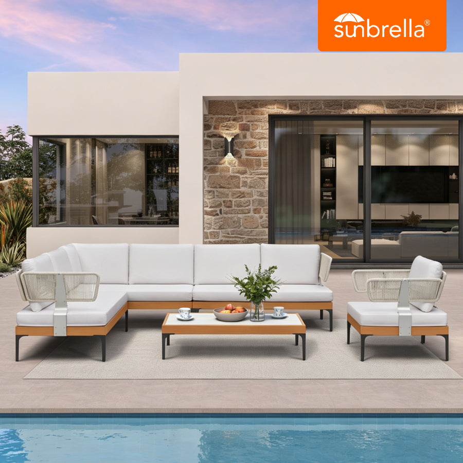PURPLE LEAF Sicilia Classical – Canapé d’angle extérieur modulaire avec coussins Sunbrella blancs, configuration flexible pour terrasse style boutique-hôtel