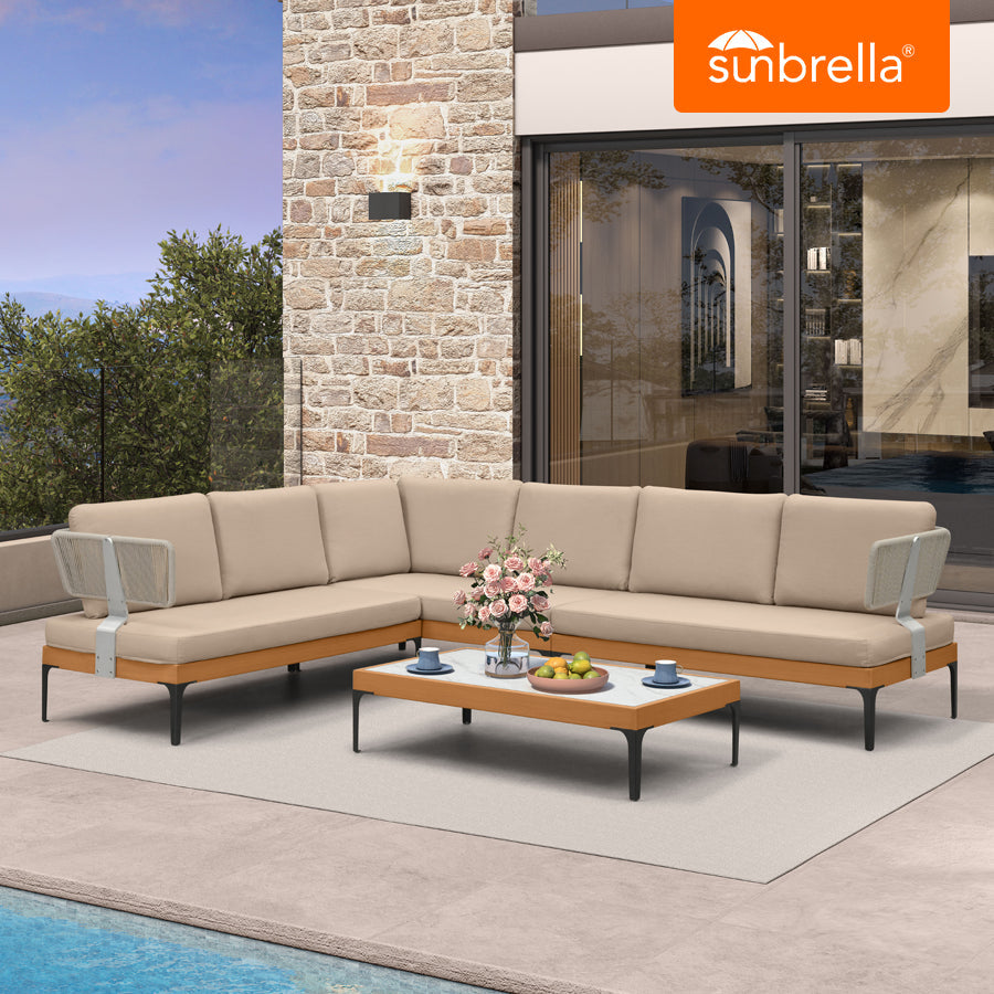PURPLE LEAF Sicilia – Canapé d’angle extérieur modulaire en L avec coussins Sunbrella kaki, configuration flexible pour bord de piscine