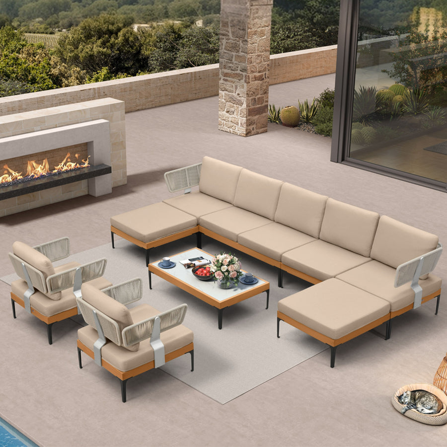 PURPLE LEAF Sicilia Classical – Canapé d’angle extérieur modulaire avec coussins Sunbrella kaki, configuration flexible pour espace détente de porche